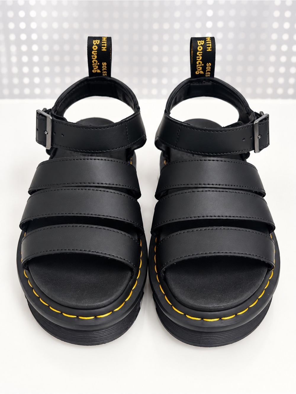Dr. Martens Black Strappy Sandals with Yellow Stitching